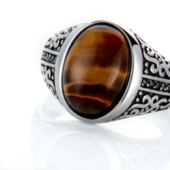 Histoire d'Or Chevalière Acier Vieilli Keegan 艙il De Tigre acier gris quartz marron