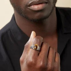 Histoire d'Or Chevalière Acier Vieilli Keegan 艙il De Tigre acier gris quartz marron