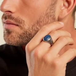 Outlet Histoire d'Or Chevalière Keegan Acier Blanc Lapis Lazuli Oxyde De Zirconium acier blanc lapis lazuli bleu