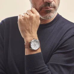 Online HUGO BOSS Montre Boss Champion Blanc cadran argenté fond blanc bracelet cuir marron