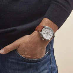 Online HUGO BOSS Montre Boss Champion Blanc cadran argenté fond blanc bracelet cuir marron