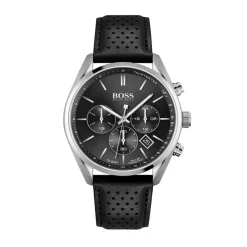 Best HUGO BOSS Montre Boss Champion Noir cadran argenté fond noir bracelet cuir noir