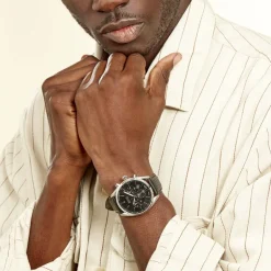 Best HUGO BOSS Montre Boss Champion Noir cadran argenté fond noir bracelet cuir noir