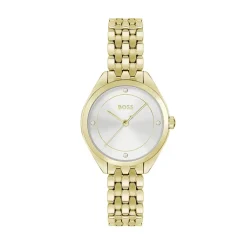 Outlet HUGO BOSS Montre Boss Mae Blanc cadran doré fond blanc bracelet acier doré