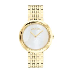 Sale CALVIN KLEIN Montre Twisted Bezel Blanc cadran doré fond blanc bracelet acier doré