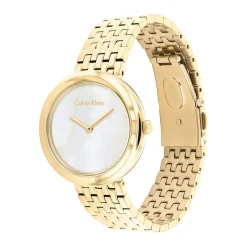 Sale CALVIN KLEIN Montre Twisted Bezel Blanc cadran doré fond blanc bracelet acier doré