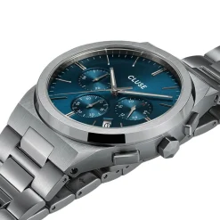 CLUSE Montre Vigoureux Chrono Bleu cadran argenté fond bleu bracelet acier argenté