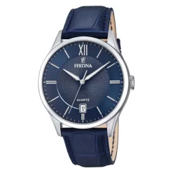 New FESTINA Montre Classics Bleu cadran argenté fond bleu bracelet cuir bleu