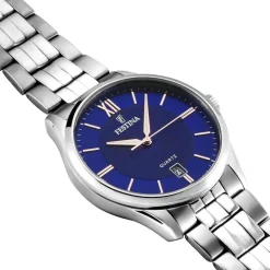 New FESTINA Montre Classics Bleu cadran argenté fond bleu bracelet acier argenté