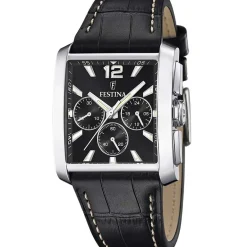 Sale FESTINA Montre On The Square Chrono Noir cadran argenté fond noir bracelet cuir noir