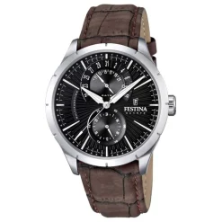 FESTINA Montre Retro Noir cadran argenté fond noir bracelet cuir marron