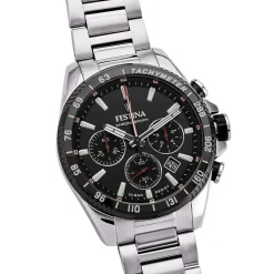 Discount FESTINA Montre Timeless Chronograph Noir cadran argenté fond noir bracelet acier argenté
