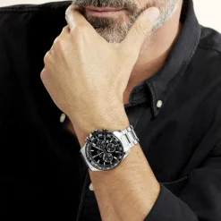 Discount FESTINA Montre Timeless Chronograph Noir cadran argenté fond noir bracelet acier argenté