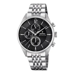Outlet FESTINA Montre Timeless Chronograph Noir cadran argenté fond noir bracelet acier argenté