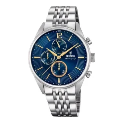 Best FESTINA Montre Timeless Chronograph Bleu cadran argenté fond bleu bracelet acier argenté