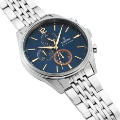 Best FESTINA Montre Timeless Chronograph Bleu cadran argenté fond bleu bracelet acier argenté