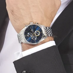 Best FESTINA Montre Timeless Chronograph Bleu cadran argenté fond bleu bracelet acier argenté