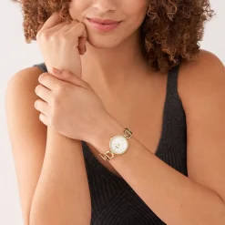 Outlet FOSSIL Montre Carlie Blanc cadran doré fond blanc bracelet acier doré