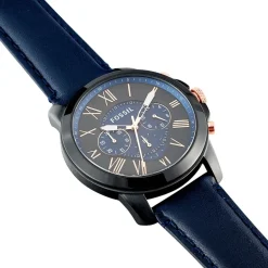 Online FOSSIL Montre Grant 2 Tons cadran noir fond noir bracelet cuir bleu