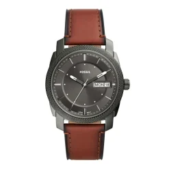 Sale FOSSIL Montre Machine Gris cadran gris fond gris bracelet cuir marron