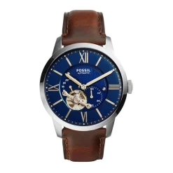 Best FOSSIL Montre Townsman Bleu cadran argenté fond bleu bracelet cuir brun