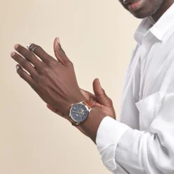 Best FOSSIL Montre Townsman Bleu cadran argenté fond bleu bracelet cuir brun