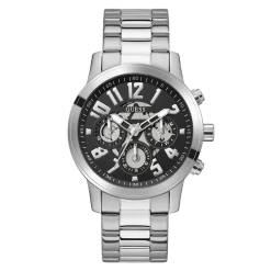 Clearance GUESS Montre Parker Noir cadran argenté fond noir bracelet acier argenté