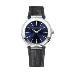 Hot HERBELIN Montre Newport Slim Bleu cadran argenté fond bleu bracelet cuir noir
