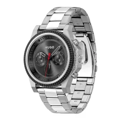 New HUGO Montre Brave Noir cadran argenté fond noir bracelet acier argenté