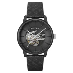 Clearance LACOSTE Montre .12.12 Automatique Noir cadran noir fond noir bracelet cuir de veau noir