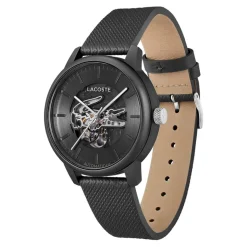 Clearance LACOSTE Montre .12.12 Automatique Noir cadran noir fond noir bracelet cuir de veau noir