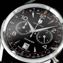 LIP Montre Himalaya Chrono Noir cadran argenté fond noir bracelet cuir noir