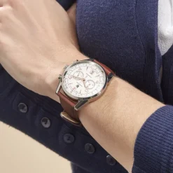 Sale LIP Montre Himalaya Chrono Argenté cadran argenté fond argenté bracelet cuir marron