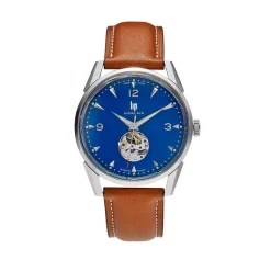 Online LIP Montre Himalaya C艙ur Battant 40 Bleu cadran argenté fond bleu bracelet cuir marron