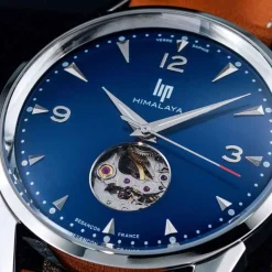 Online LIP Montre Himalaya C艙ur Battant 40 Bleu cadran argenté fond bleu bracelet cuir marron