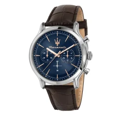 Discount MASERATI Montre Epoca Bleu cadran argenté fond bleu bracelet cuir marron