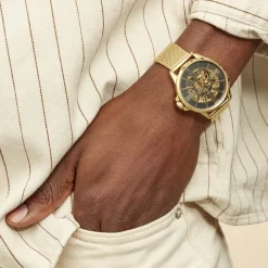 New MONTIGNAC Montre Round Automatique Noir cadran doré fond noir bracelet acier doré