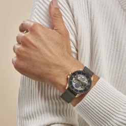 Clearance MONTIGNAC Montre Round Noir cadran doré fond noir bracelet acier noir