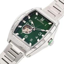 Clearance MONTIGNAC Montre Tonneau Automatique Vert cadran argenté fond vert bracelet acier argenté