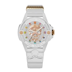 Hot PHILIPP PLEIN Montre The Skull Ecoceramic Blanc cadran blanc fond blanc bracelet silicone blanc