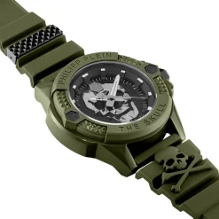 Online PHILIPP PLEIN Montre The Skull Ecoceramic Noir cadran vert fond noir bracelet silicone vert