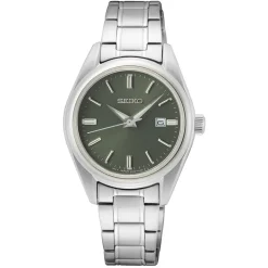 Sale SEIKO Montre Classique Kaki cadran argenté fond kaki bracelet acier argenté