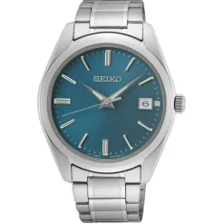 SEIKO Montre Classique Turquoise cadran argenté fond turquoise bracelet acier argenté