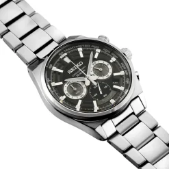 Best SEIKO Montre Sport Noir cadran argenté fond noir bracelet acier gris