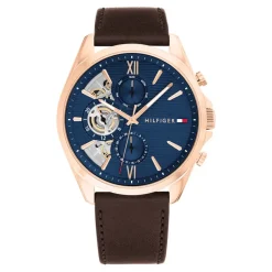 Online TOMMY HILFIGER Montre Baker Bleu cadran doré fond bleu bracelet cuir de veau marron