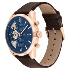 Online TOMMY HILFIGER Montre Baker Bleu cadran doré fond bleu bracelet cuir de veau marron