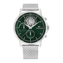 Sale TOMMY HILFIGER Montre Stewart Vert cadran argenté fond vert bracelet acier argenté