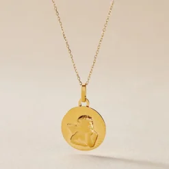 New Histoire d'Or Pendentif Ange Rond Effet Diamante Or Jaune